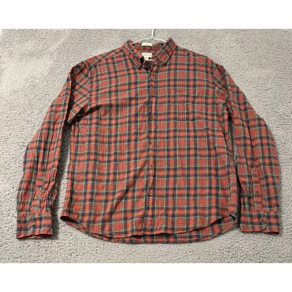 J Crew‎ Shirt Men Extra Large Red Check Slim Fit Brushed Twill Button Up